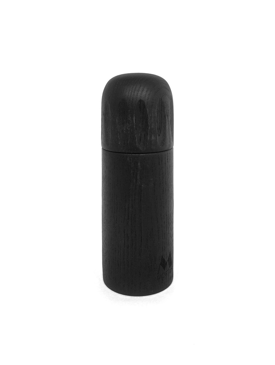 Dark wood pepper grinder with rounded top and smooth cylindrical body