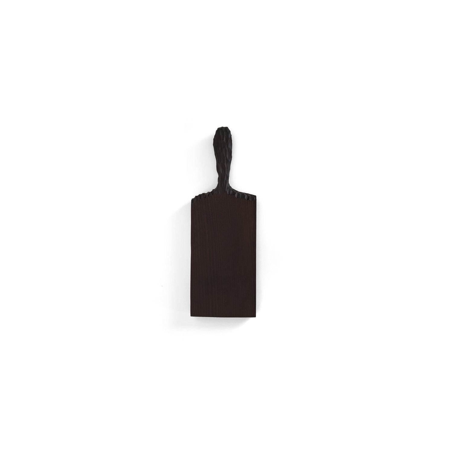 Dark brown wooden serving board, small rectangle with carved handle