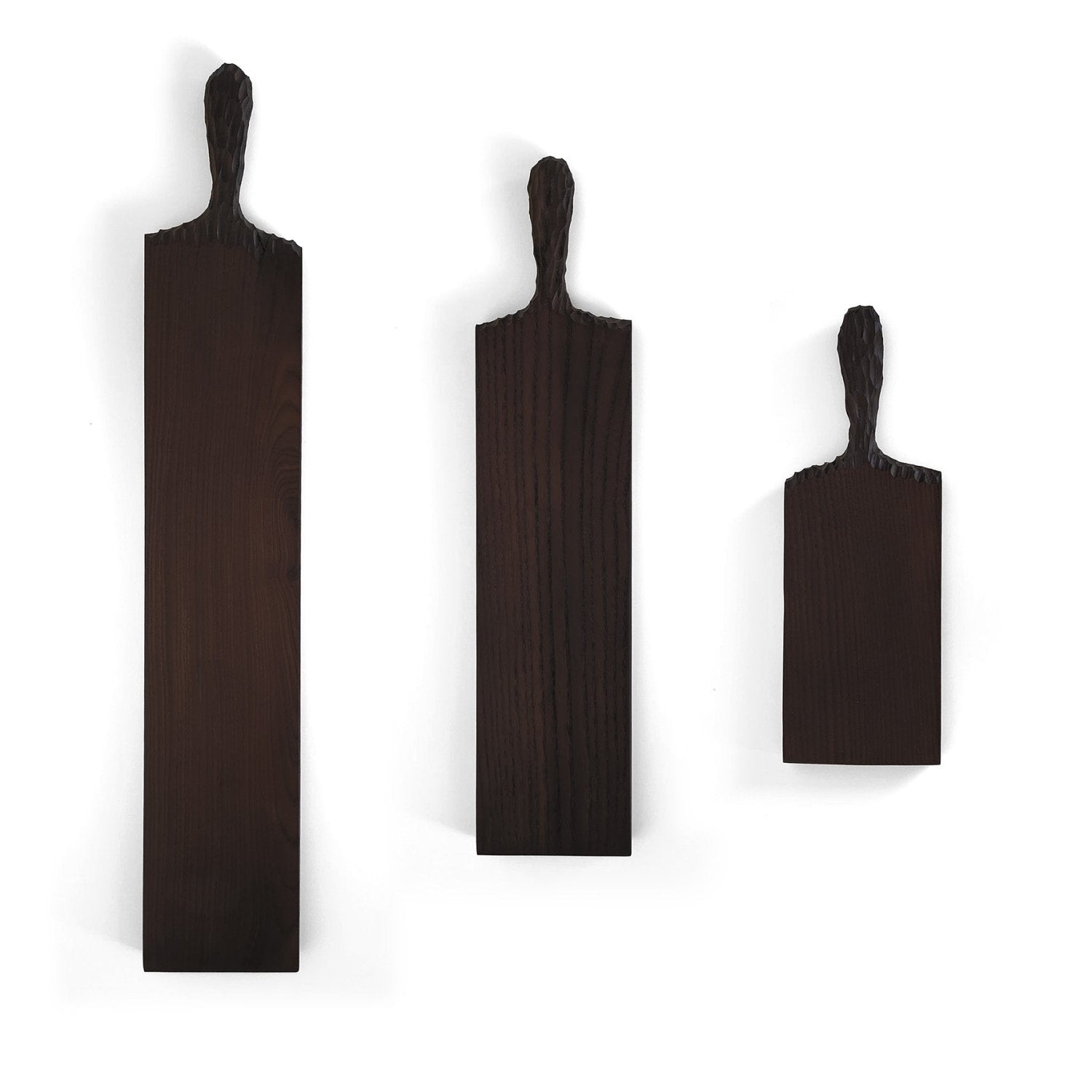 Set of dark brown wooden serving boards with handles, three sizes