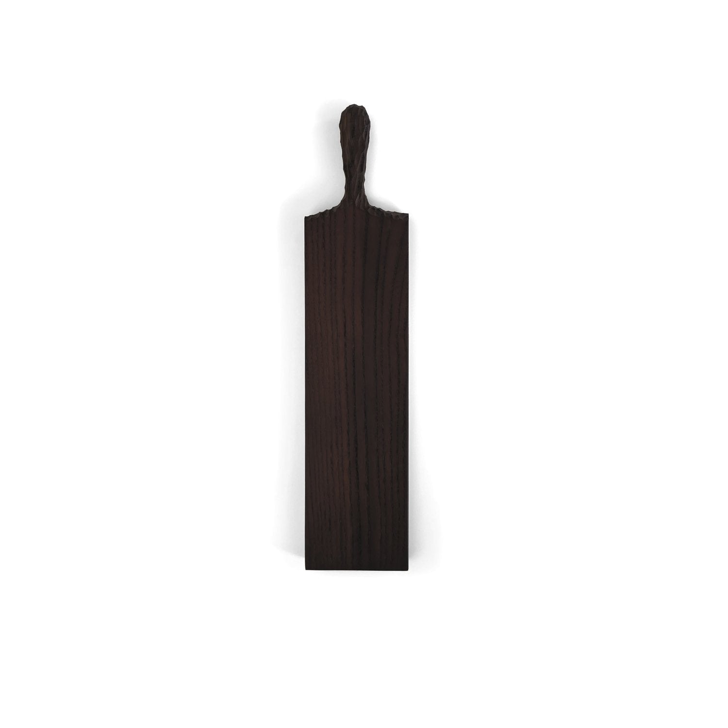 Dark brown wooden serving board with vertical grain and carved handle