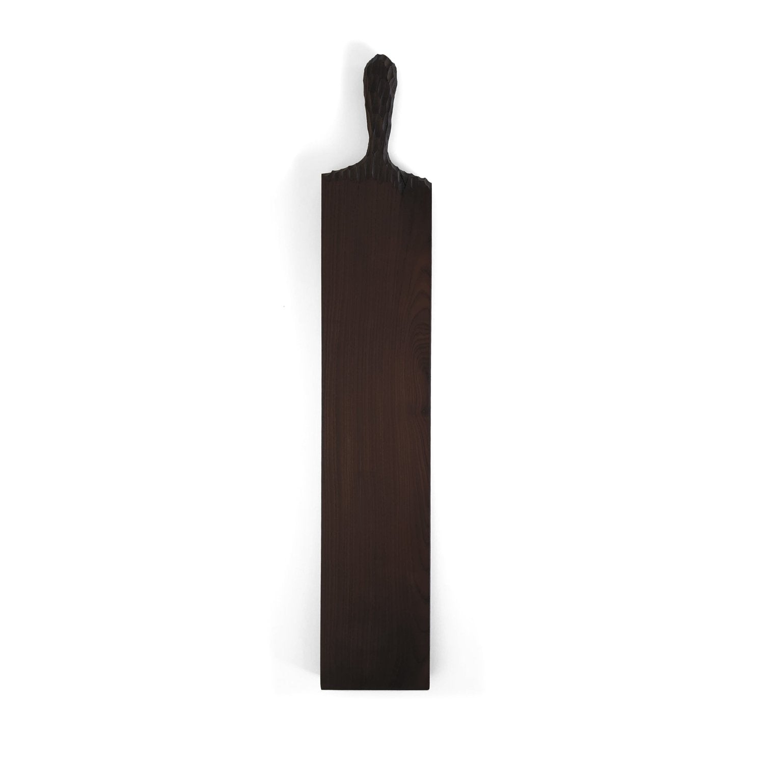 Dark brown wooden serving board with handle notch and smooth face