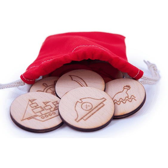 Wooden Memory Game Pirates Edition with a Red bag