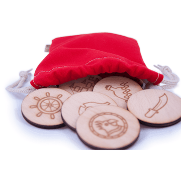 Wooden Memory Game Pirates Edition with a Red bag